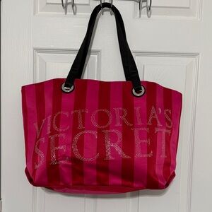 Victoria's Secret Striped Pink Tote with Black Handles